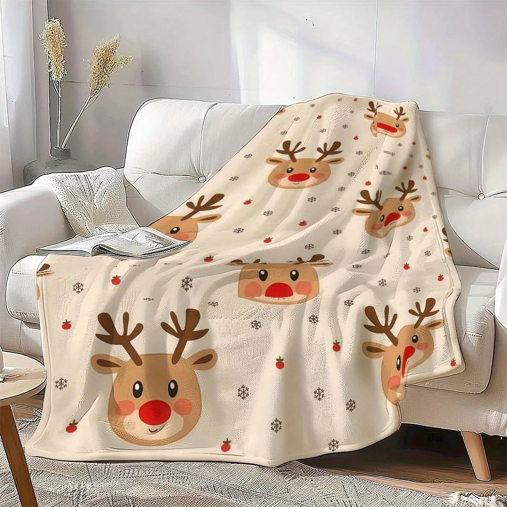 Christmas Reindeer Flannel Throw Blanket .Soft Cozy Holiday Blanket for Bed, Sofa & Winter Décor
