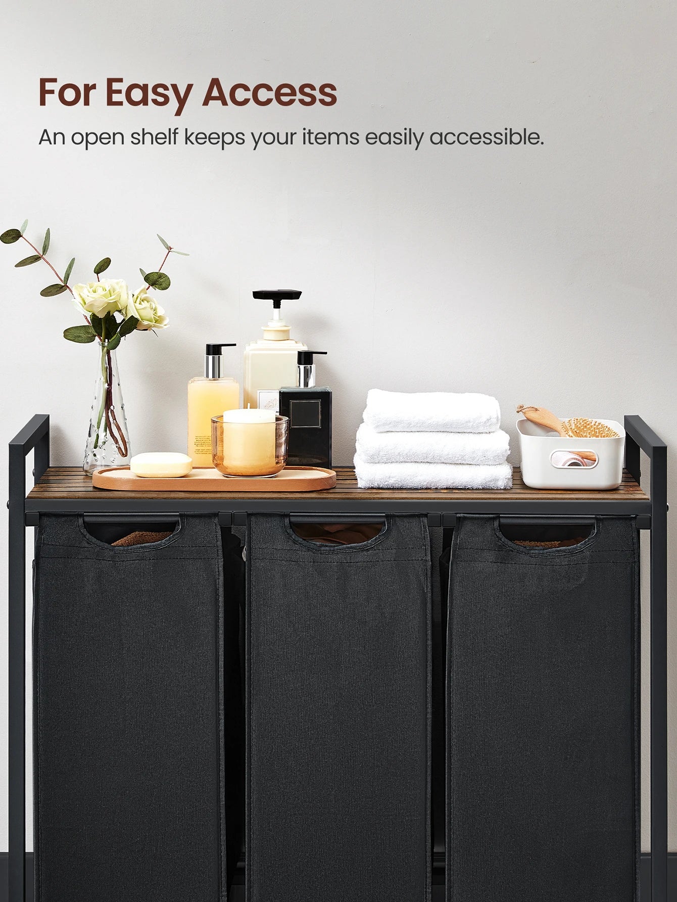 3-Bag Laundry Sorter with Rustic Wood Top. Large Laundry Hamper