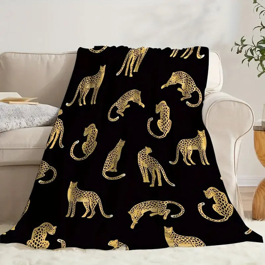 Vintage Leopard Flannel Blanket - Black and Yellow Animals, Soft and Comfortable for Sofa, Camping, Travel, Decoration
