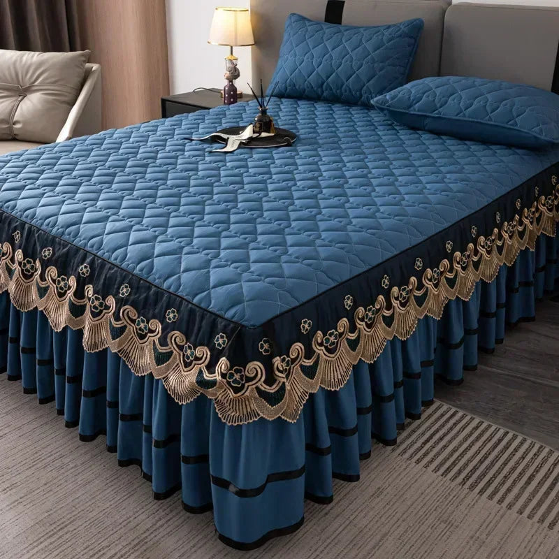 Elegant Embroidered Lace Quilted Bed Skirt Set