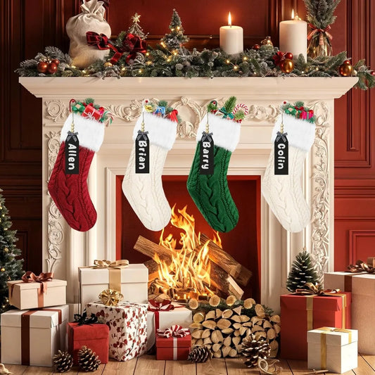 Set Of 4 Christmas Stockings 18 Inch Knitted With Name Tags