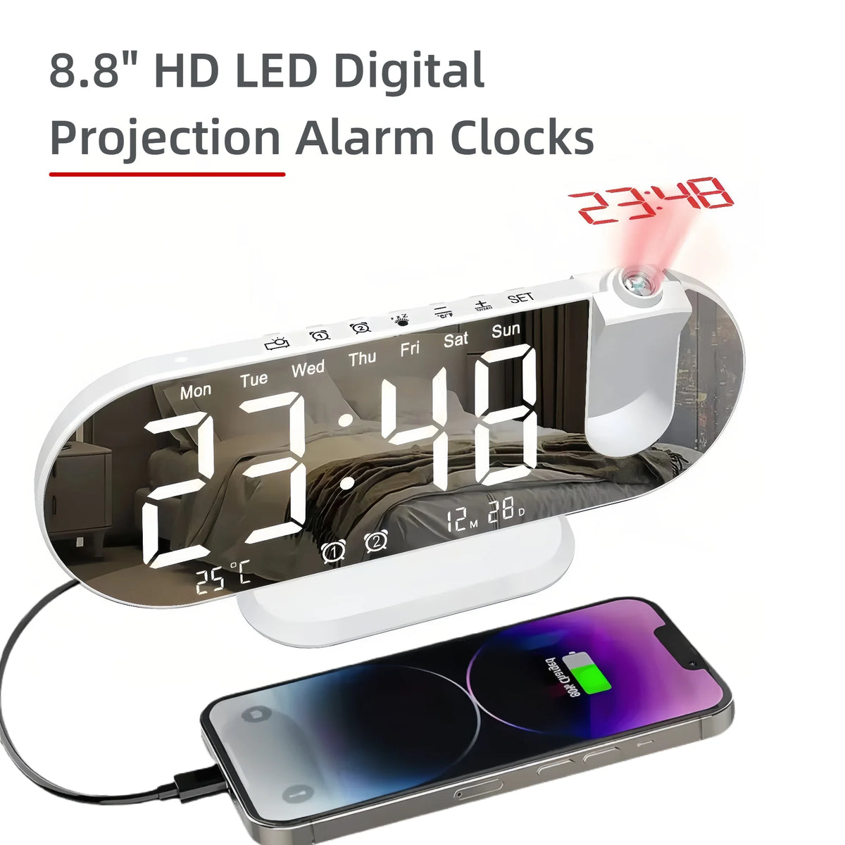Digital Projection Alarm Clock – 8.8-Inch LED Display for Bedroom