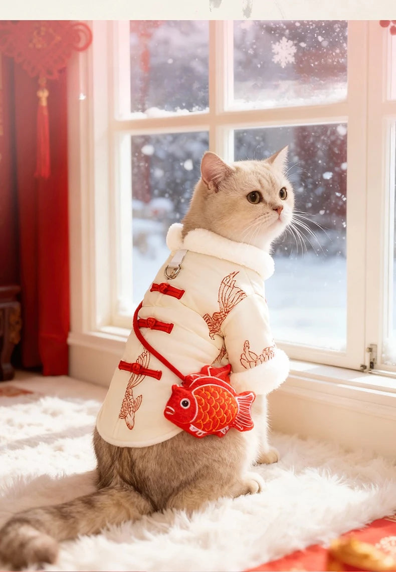 New Year Dog Dragon Robe Costume Warm Cat Cheongsam Winter Pet Vest of The Tang Dynasty Christmas Coat for Cat Teddy Bichon Dogs