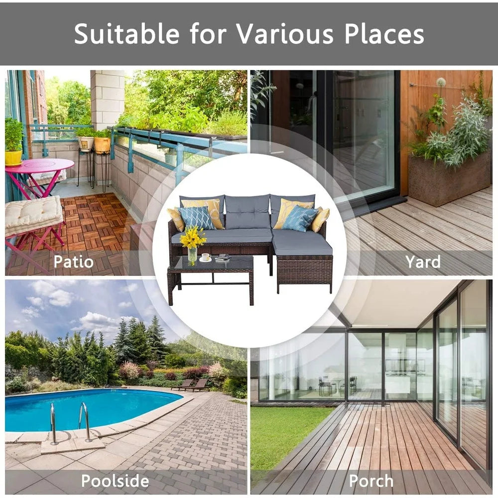 3 Piece Outdoor Patio Conversation Set L Shape Rattan Sofa