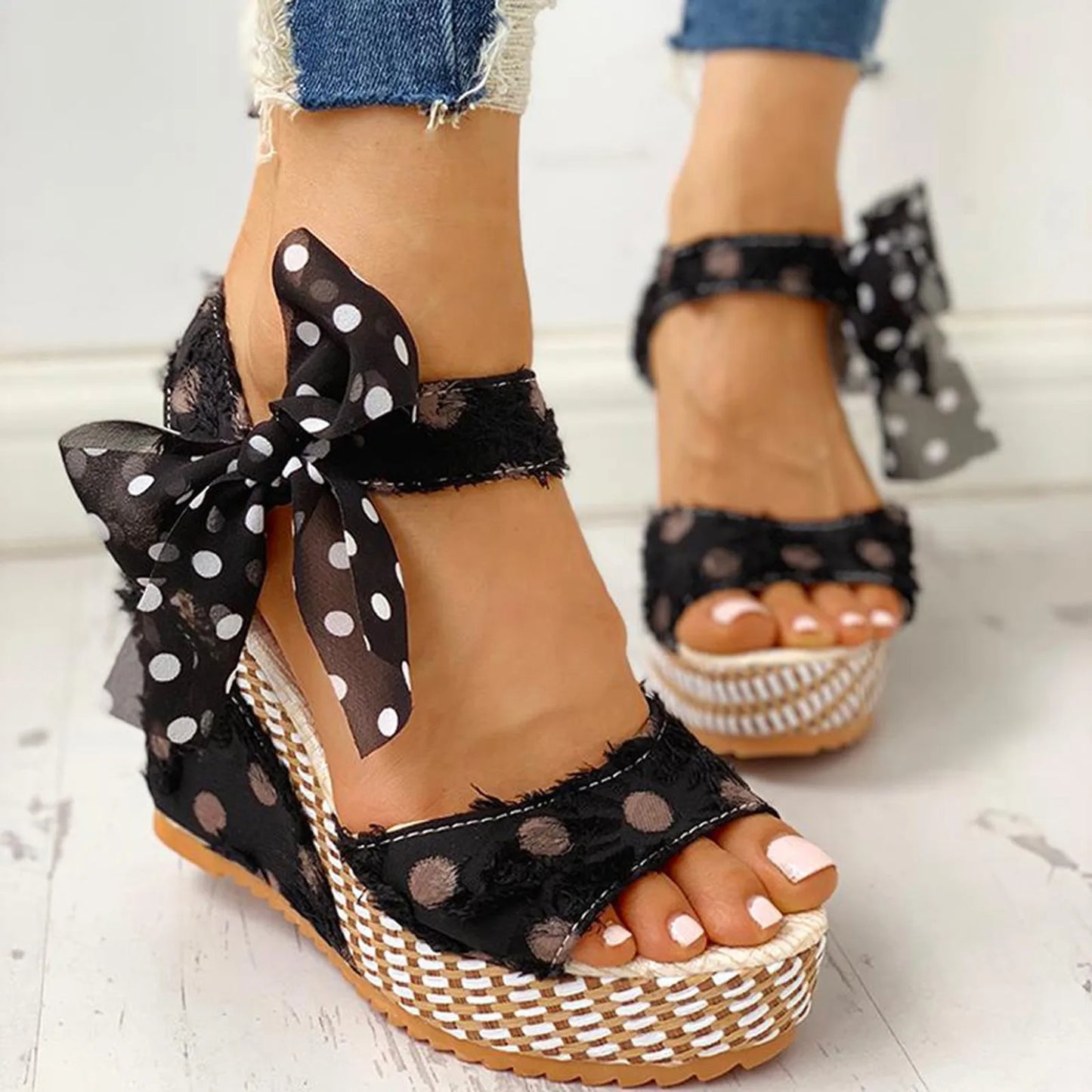 2025 Women Sandals Lace Casual Boknot Soft Wedges Heeled Women Sandals Summer Sandals Party Platform High Heels Shoes Woman