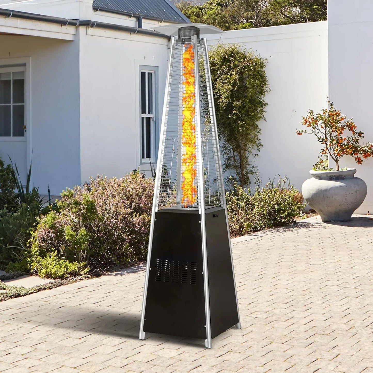 Outdoor Propane Patio Heater, 48,000 BTU Pyramid Outdoor Heater with Wheels, Hammered Bronze Tower Propane Heater with Quartz