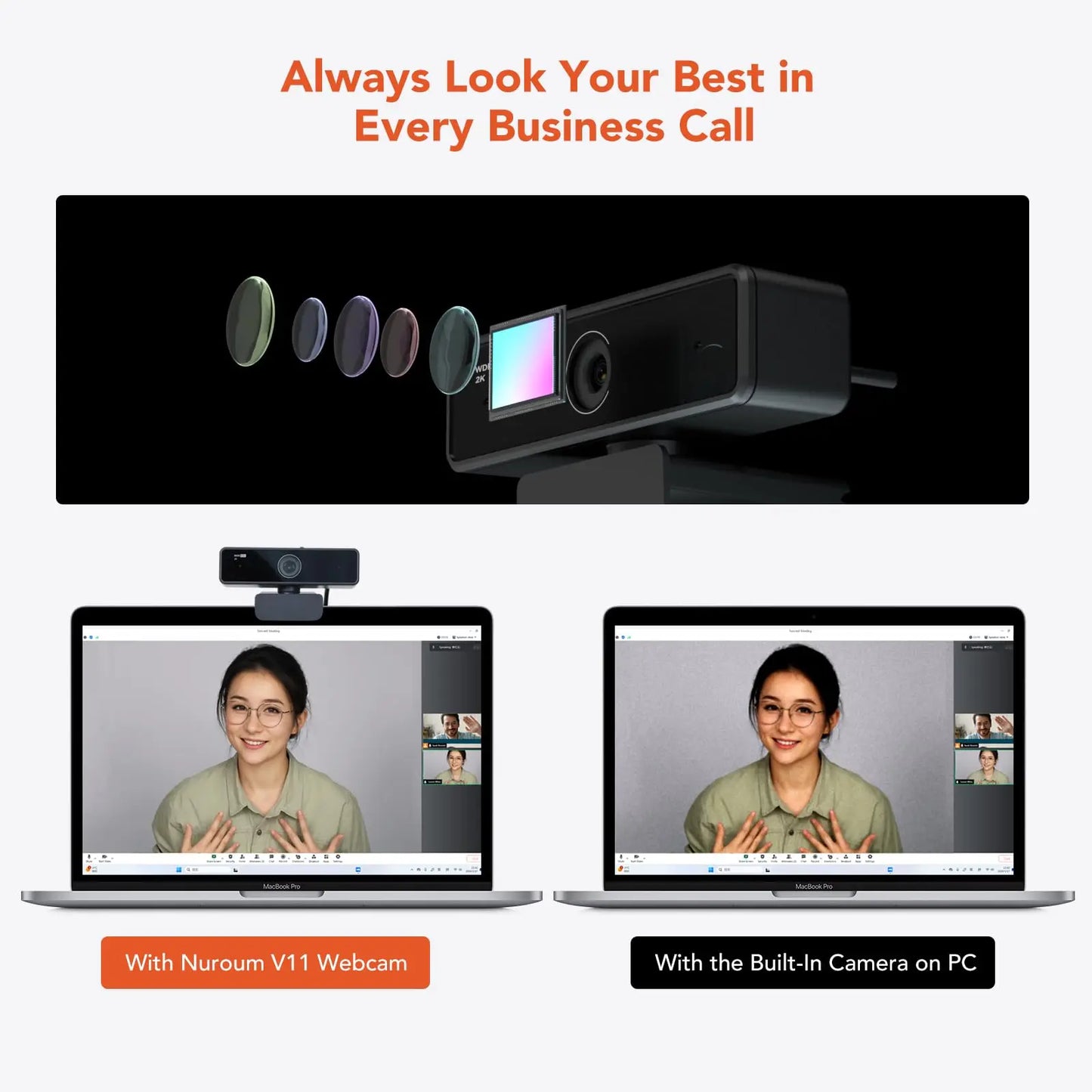 Nuroum 2K QHD 1440P AI Webcam with Noise-Canceling Microphones, Auto Focus & Privacy Cover