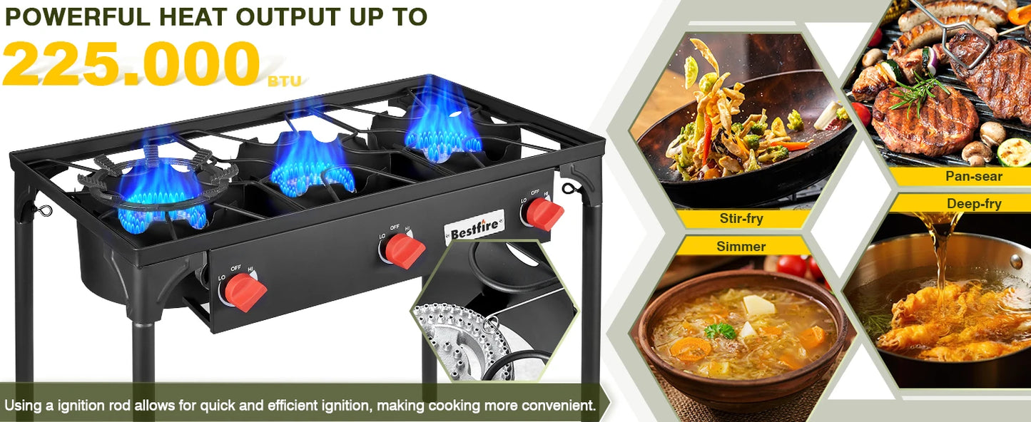 3 Burner Propane Camping Stove with Regulator . High Power Outdoor Gas Cooker for Camping, Tailgating & Backyard Cooking  Description
