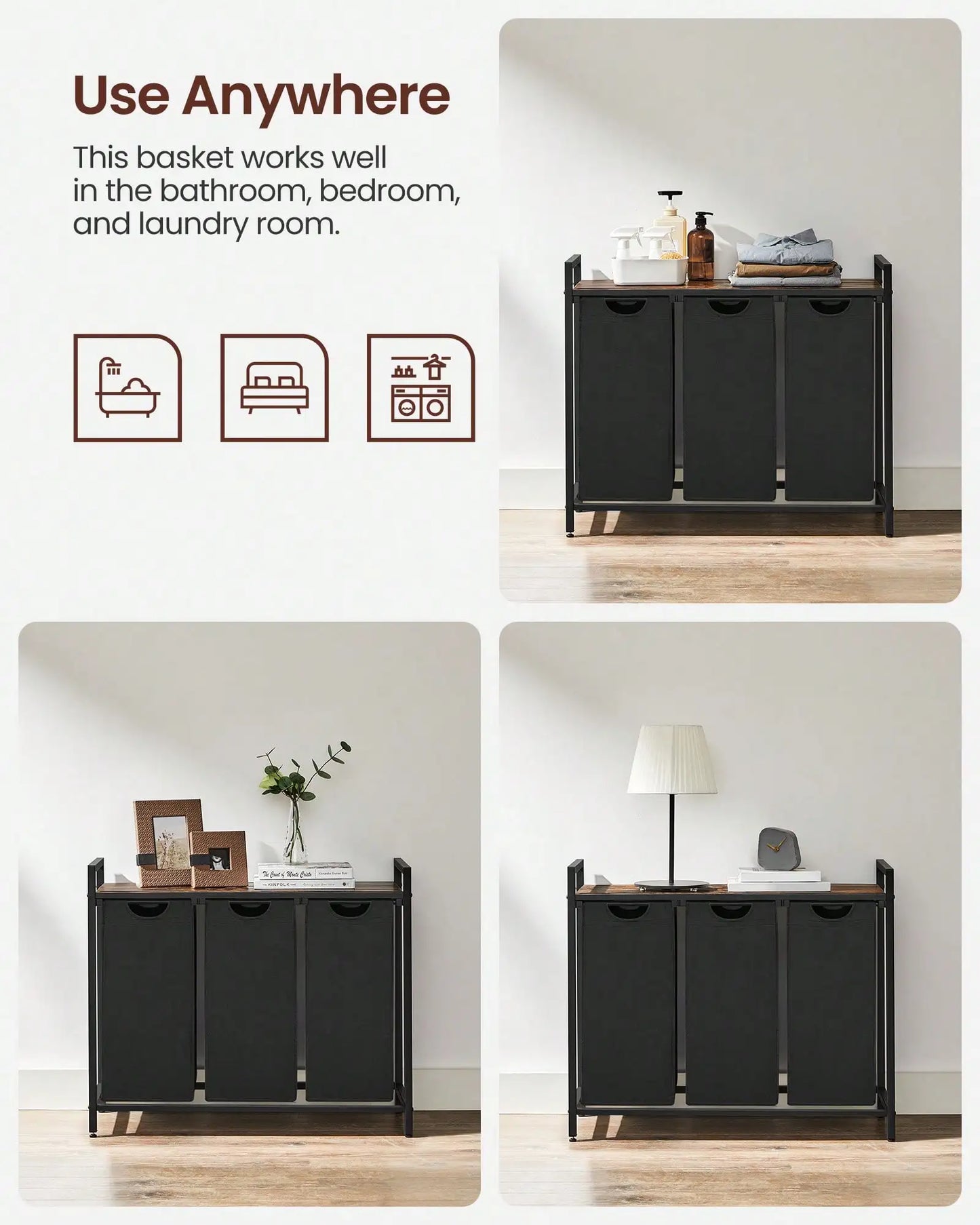 3-Bag Laundry Sorter with Rustic Wood Top. Large Laundry Hamper