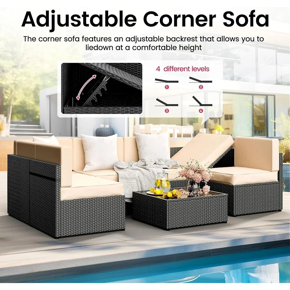Outdoor Rattan Sectional Sofa Set 7PCS Patio Furniture Washable Cushions Tea Table Sun Loungers Garden Conversation
