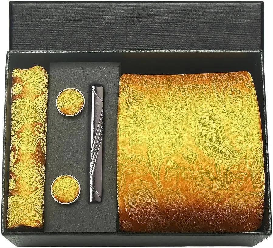 Luxury 100% Silk Paisley Floral Men’s Necktie Set | Business Tie with Matching Pocket Square & Formal Accessories
