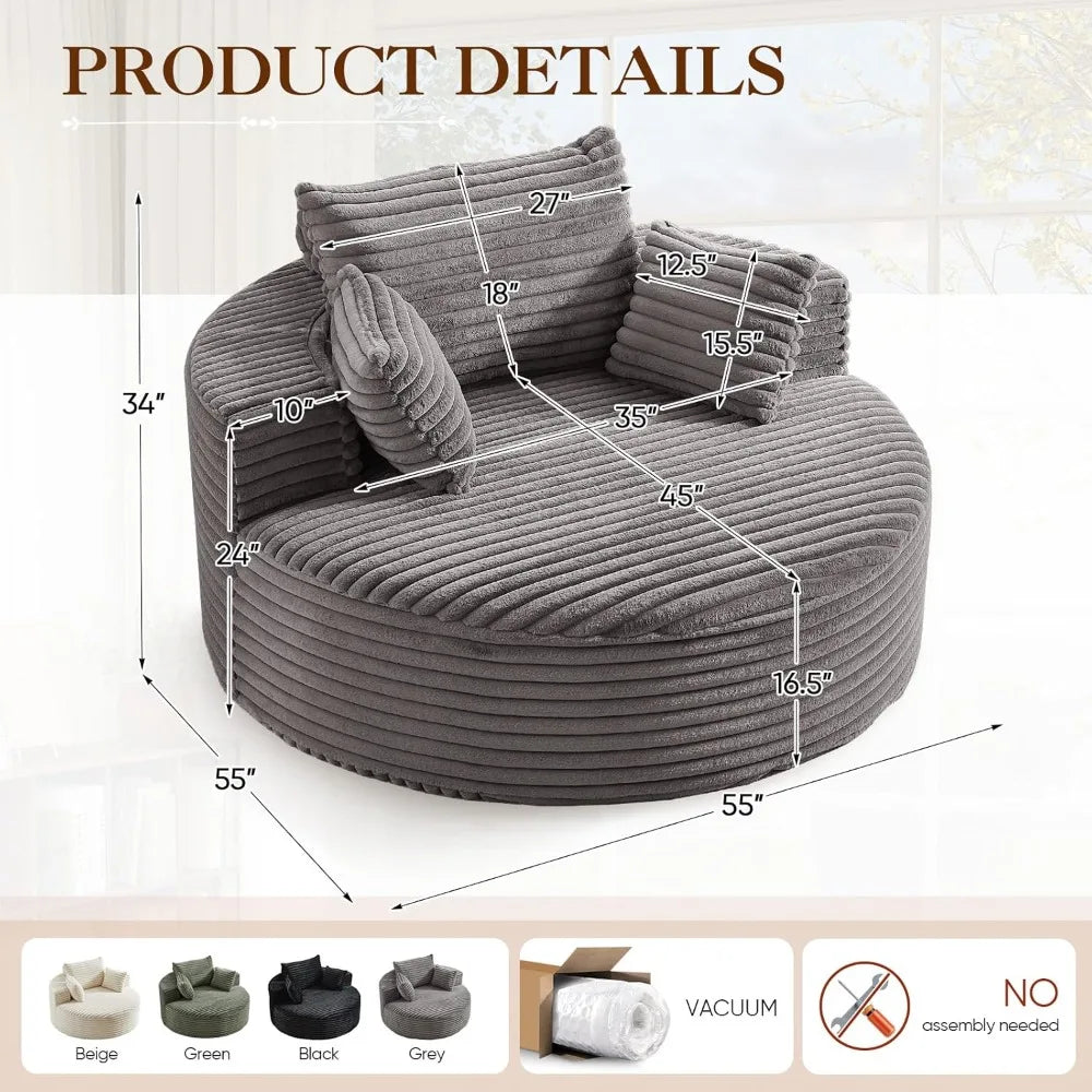 Oversized Round Chaise Longue Chair Indoor, Modern 55-inch Upholstered Corduroy Deep Seat Circle Single Cloud Lounge Floor Sofa
