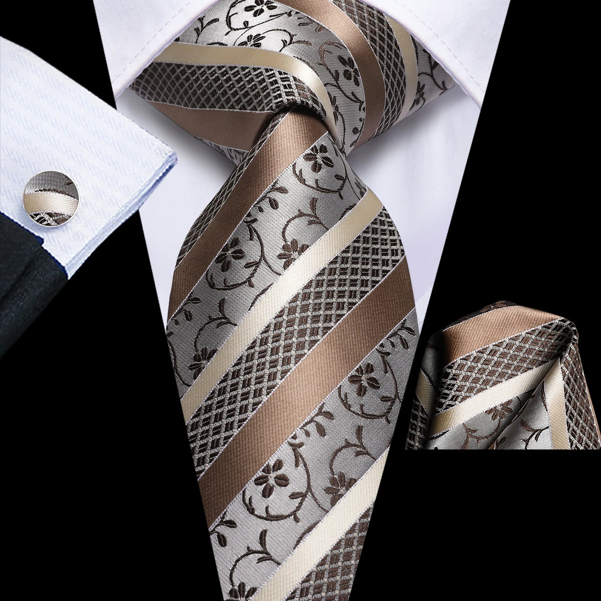 Men’s Floral Paisley Tie Set. Necktie, Pocket Square & Cufflinks