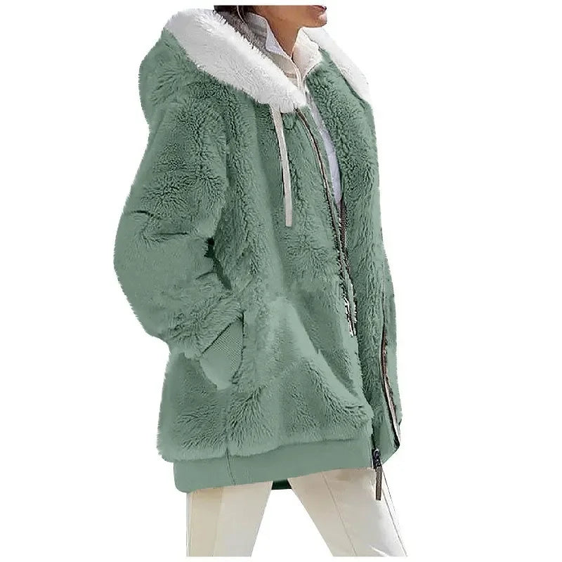 Women's Casual Hooded Winter Coat – Long Sleeve Fleece-Lined Zip-Up Jacket