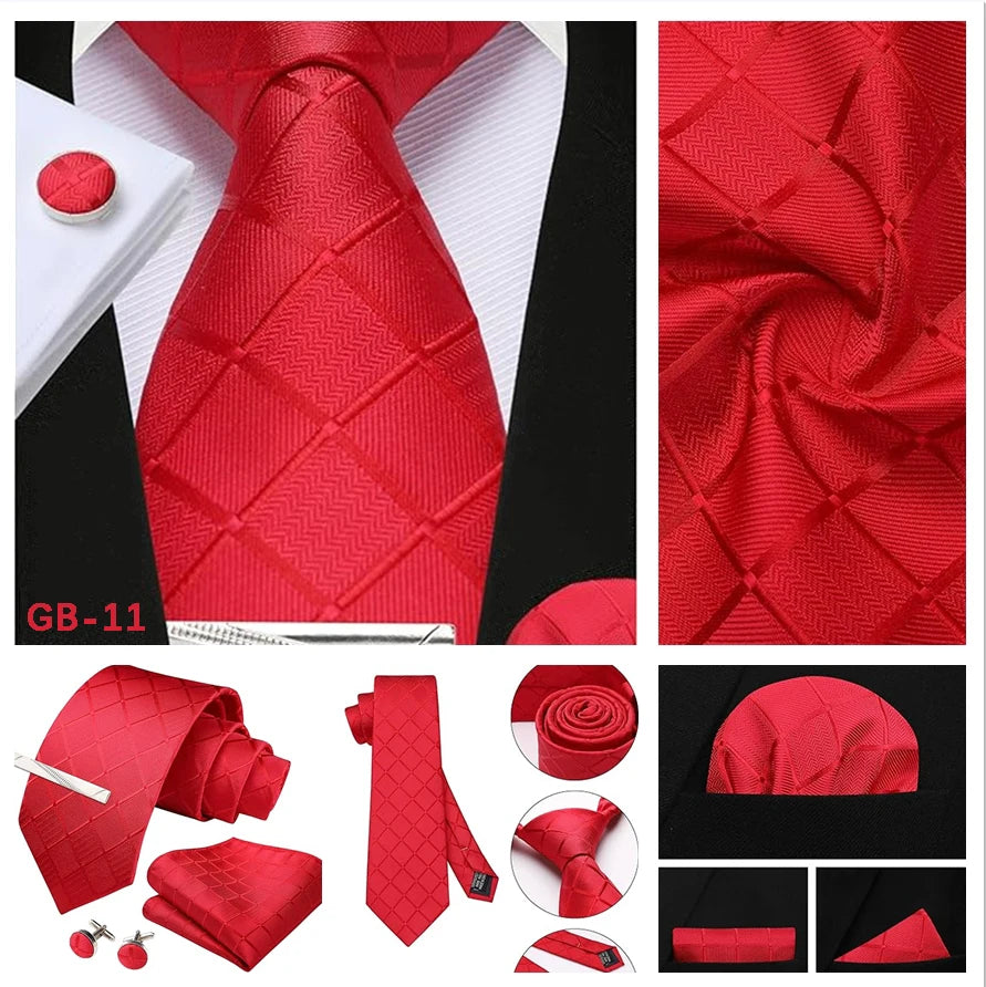 100% Silk Plaid & Checkered Men’s Tie Set with Pocket Square, Tie Clip & Cufflinks. Business & Wedding Necktie Gift Set  Optimized Description