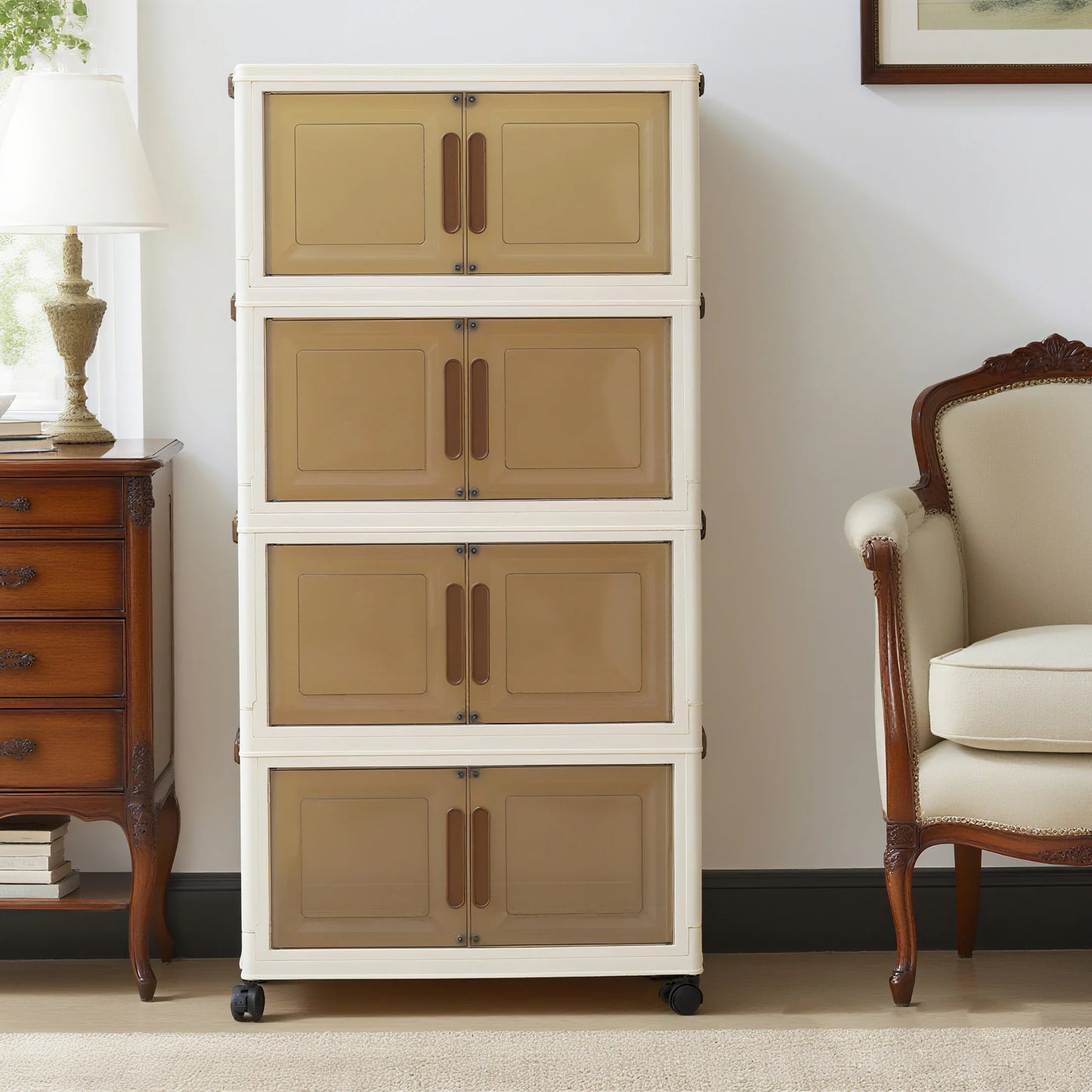 Foldable storage cabinet with stackable storage box, transparent magnetic door + universal wheels + stackable design