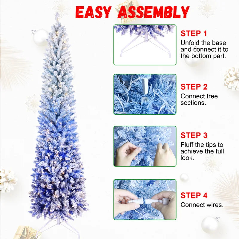 7FT Blue Gradient Flocked Pencil Christmas Tree with 300 Warm White LED Lights . Slim Space-Saving Holiday Tree