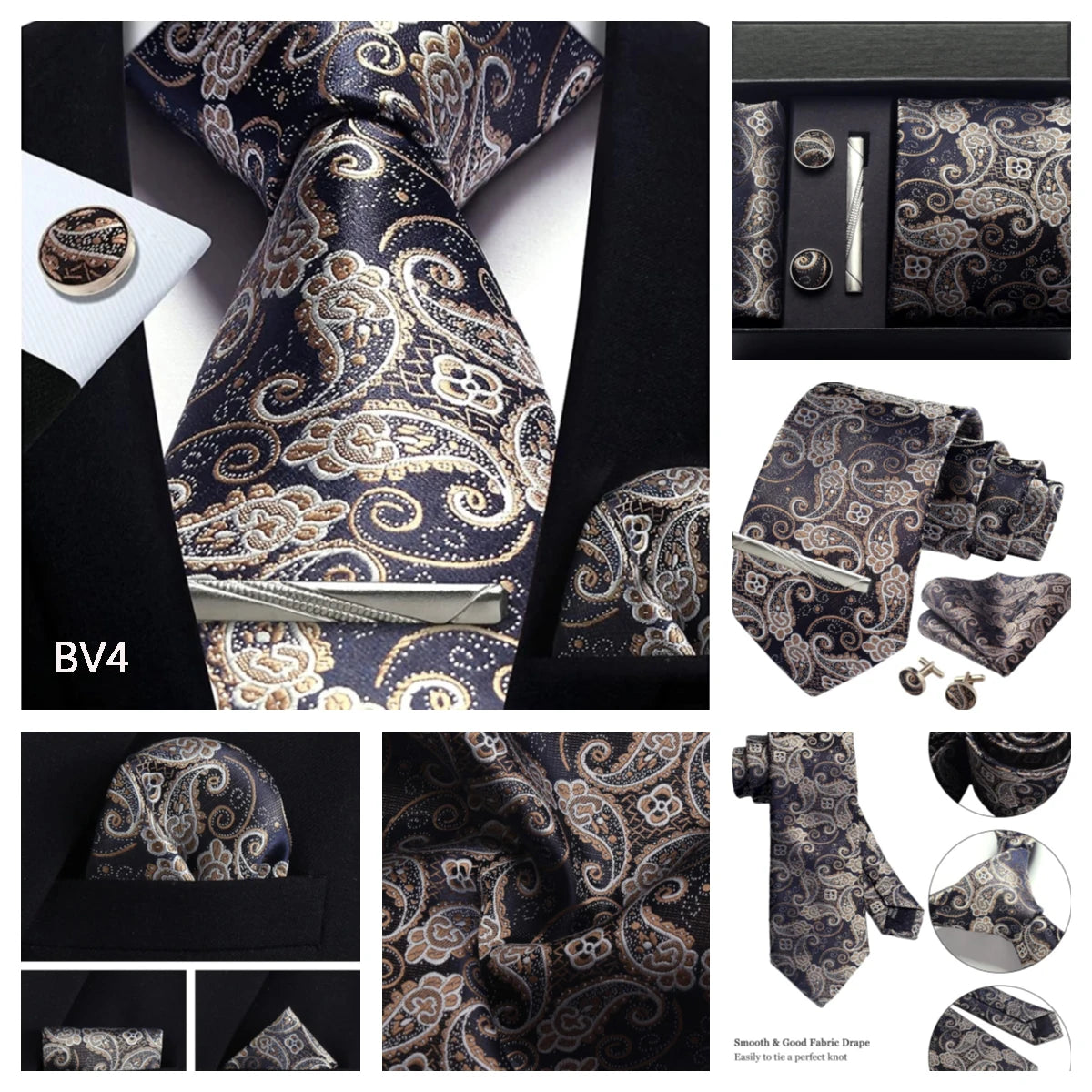 Luxury 100% Silk Paisley Floral Men’s Necktie Set | Business Tie with Matching Pocket Square & Formal Accessories
