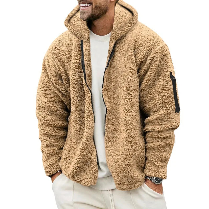 2024 Men's Autumn and Winter Double-Sided Fleece Warm Jacket  Loose Hooded Casual Jacket