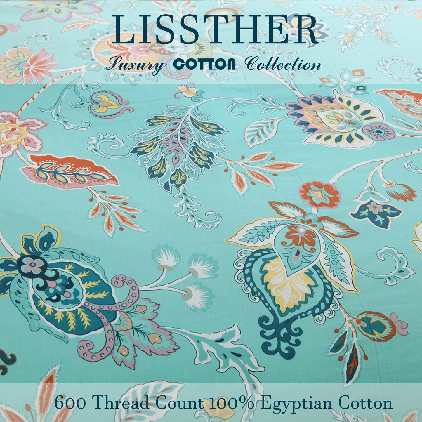 3pcs 600TC 100% Egyptian Cotton Duvet Cover Set, Vintage Cyan Paisley Floral, Soft Breathable Skin-Friendly (No Inserts)