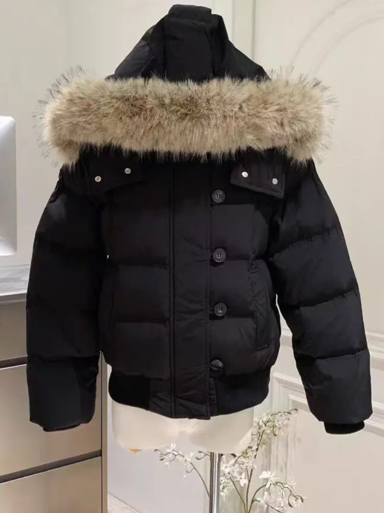 Women's Hooded Winter Puffer Jacket. Thick Padded Coat with Faux Fur Trim