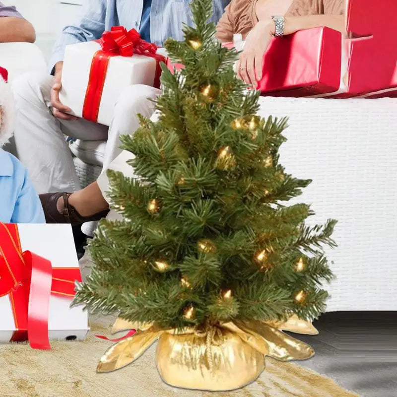 Pre-Lit Artificial Pine Christmas Tree . 60cm Mini Tabletop Christmas Tree with Warm LED Lights & Burlap Base