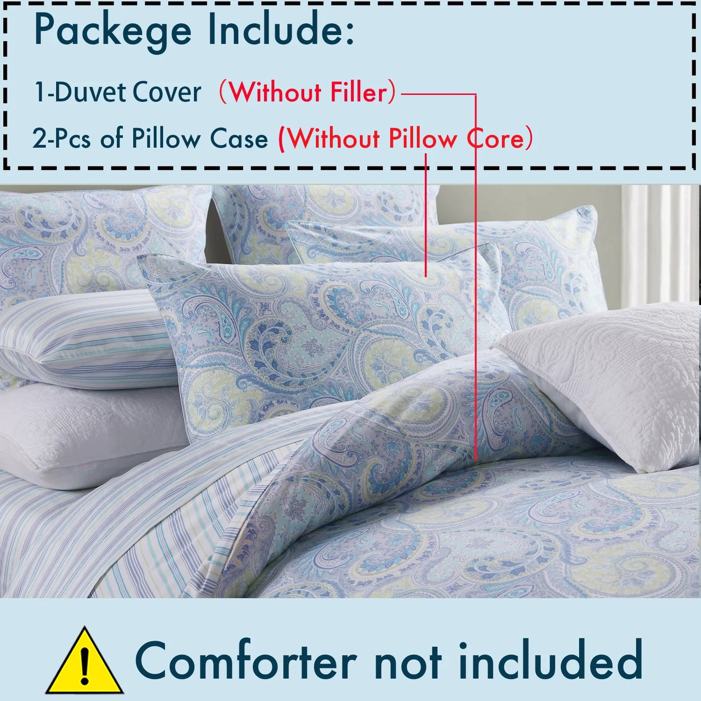 3pcs 600TC 100% Egyptian Cotton Duvet Cover Set, Vintage Blue Damask Paisley, Soft Skin-Friendly (No Inserts)