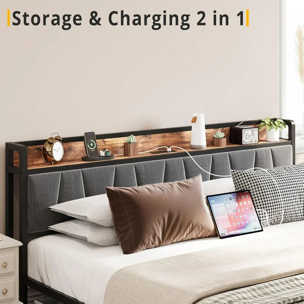 "king-size bed frame with storage headboard, charging station, and underbed drawers - no box spring required, easy assembly"