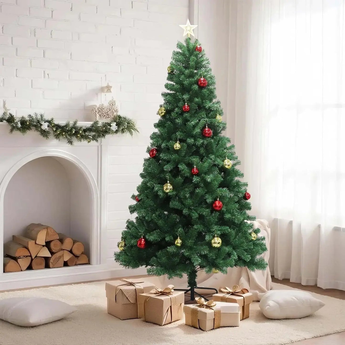 6FT/7FT Pre-Lit Artificial Christmas Tree with Remote Control . Realistic Green Holiday Tree for Home, Office & Seasonal Decor