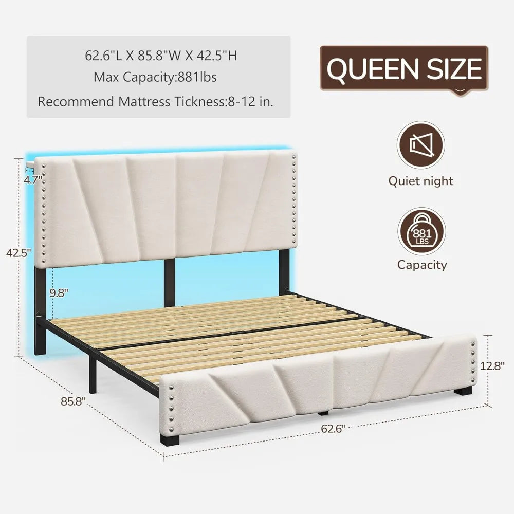 Queen Bed Frame With Velvet Headboard And Led Lights