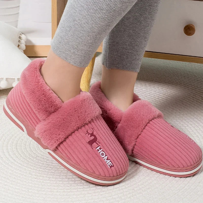 Gacimy Warm Cotton Slippers For Women Winter Indoor Soft Flats Shoes Couple Casual Anti-Slip Home Slides Fashion Furry Slippers
