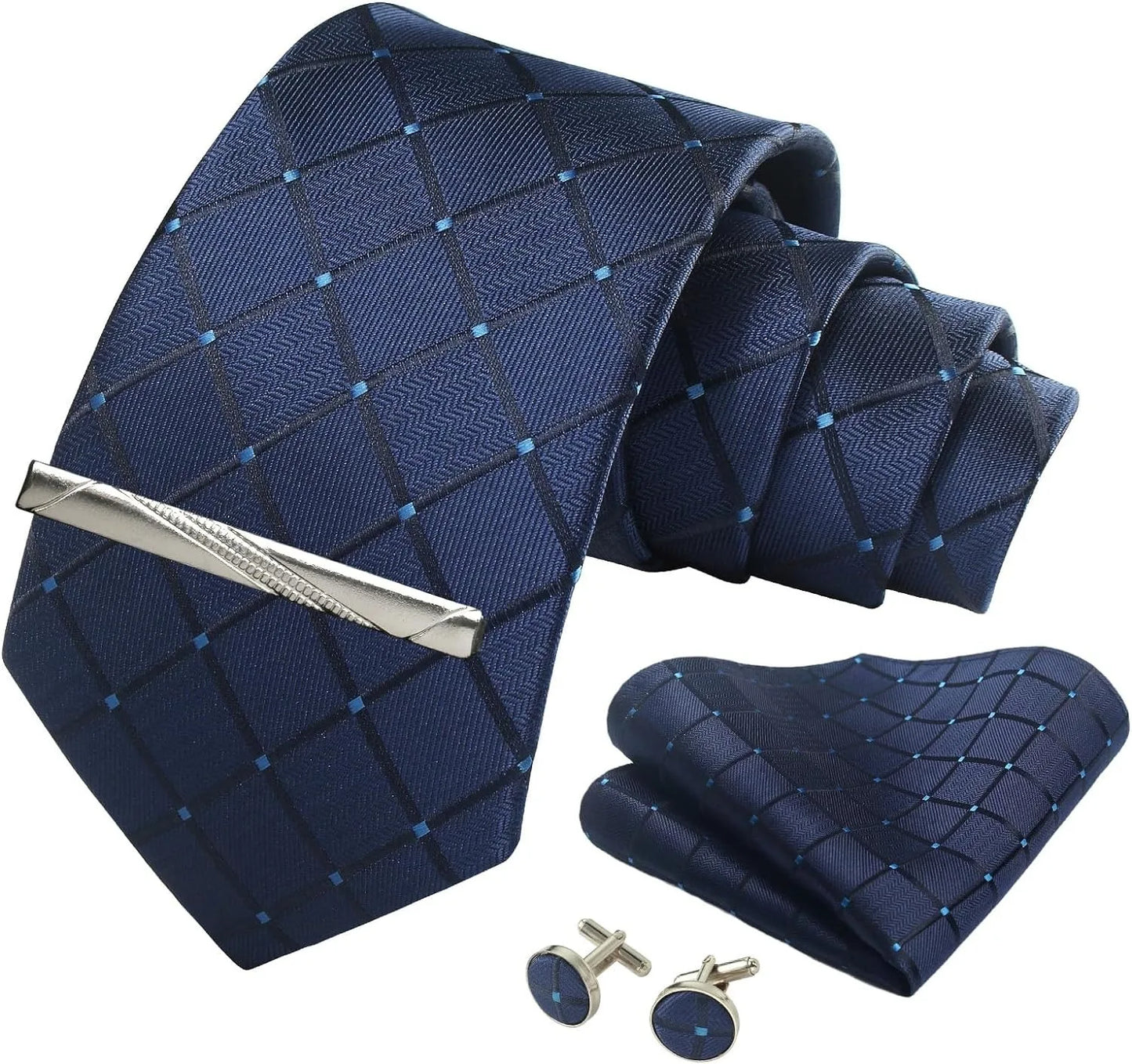 100% Silk Plaid & Checkered Men’s Tie Set with Pocket Square, Tie Clip & Cufflinks. Business & Wedding Necktie Gift Set  Optimized Description