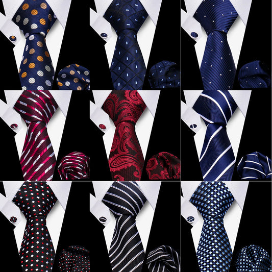 Classic Men’s Plaid Business Necktie Set with Matching Pocket Square & Cufflinks | Formal Wedding, Office & Gift Tie Collection