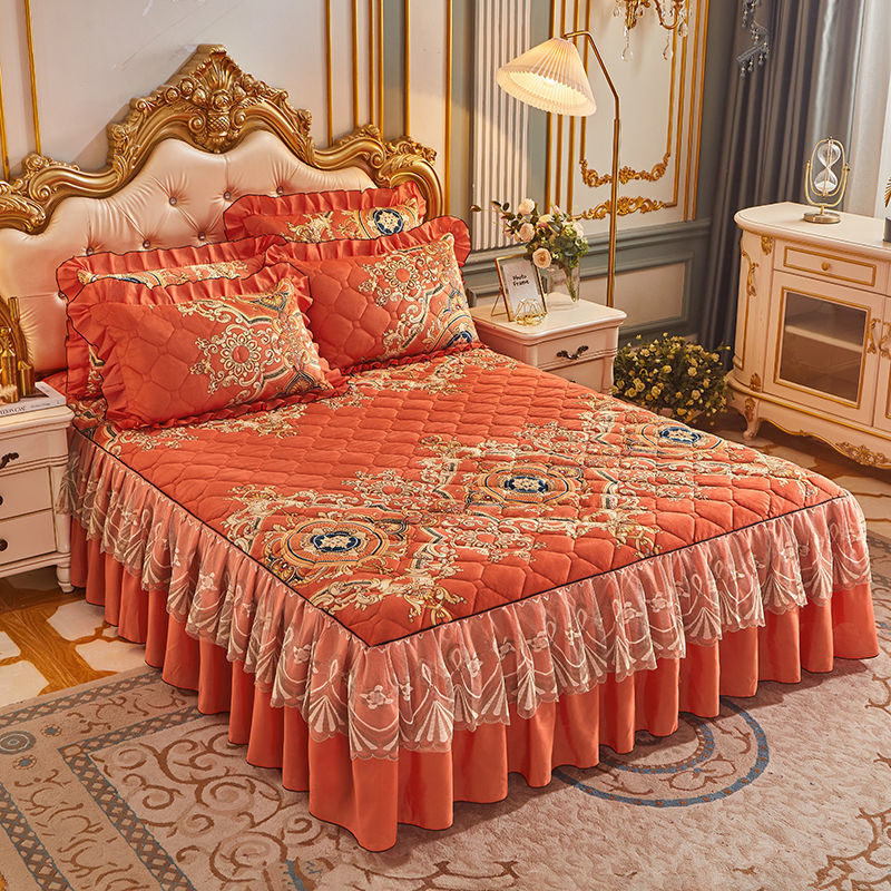 Luxury European Velvet Quilted Bed Skirt Set