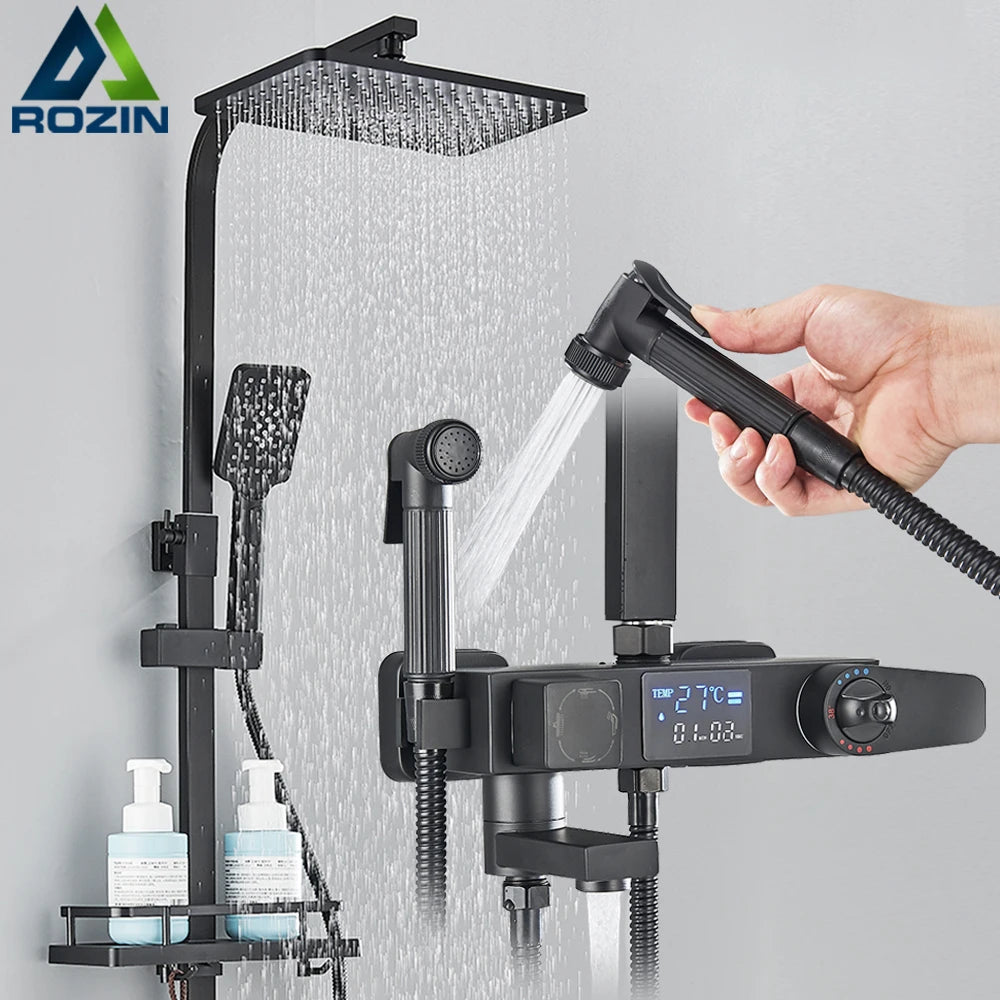 Black Digital Display Thermostatic Shower Faucet 4 Way
