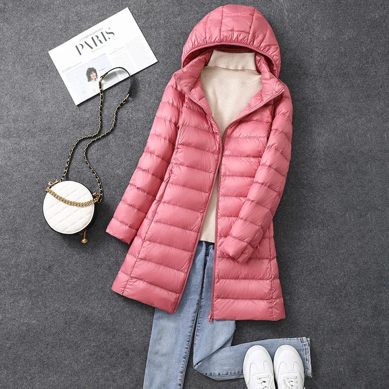 Women's Long Hooded Puffer Jacket – Lightweight Quilted Winter Coat with Detachable Hood