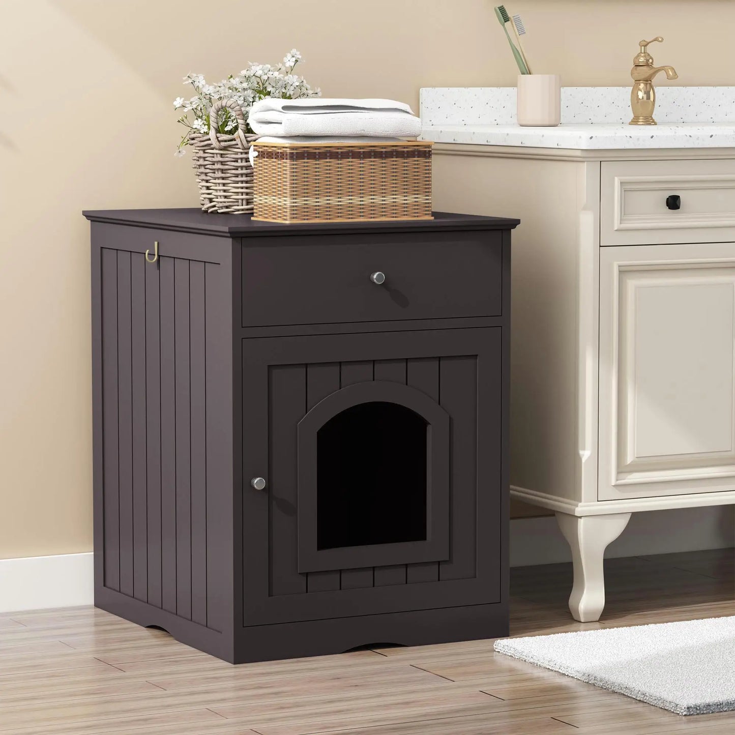 Wooden Cat Litter Box Enclosure with Drawer - Indoor Pet House & Side Table Nightstand (Brown) for Cats