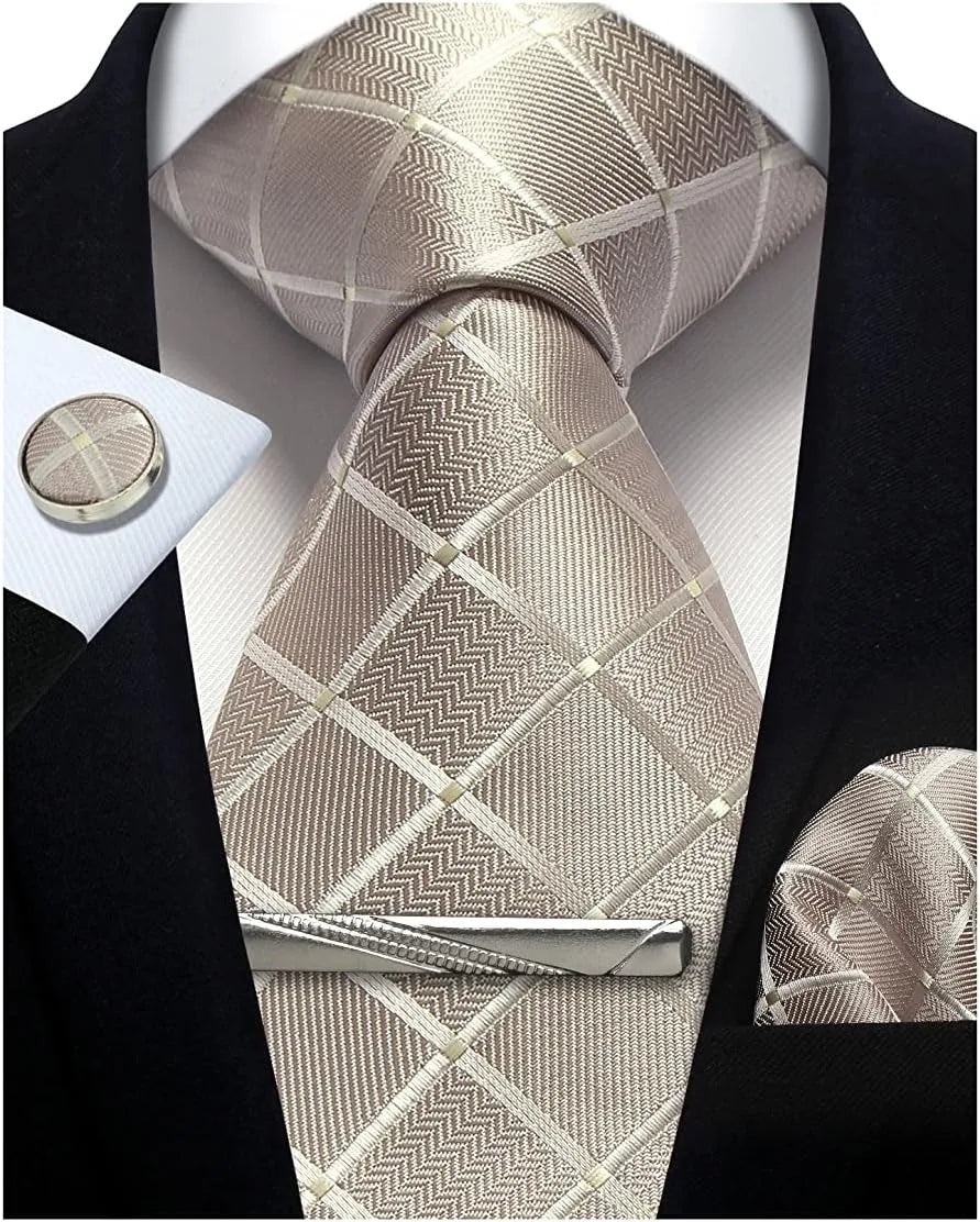 100% Silk Plaid & Checkered Men’s Tie Set with Pocket Square, Tie Clip & Cufflinks. Business & Wedding Necktie Gift Set  Optimized Description