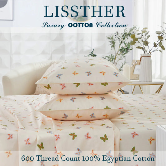 3pcs 600TC 100% Egyptian Cotton Duvet Cover Set, Luxury Colorful Butterfly Design, Soft Skin-Friendly (No Inserts)