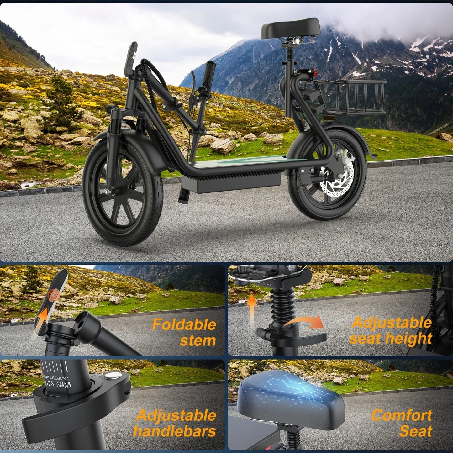 500W Electric Scooter with Seat  Folding Commuter E-Scooter for Adults, 22 MPH Top Speed & Long-Range Battery
