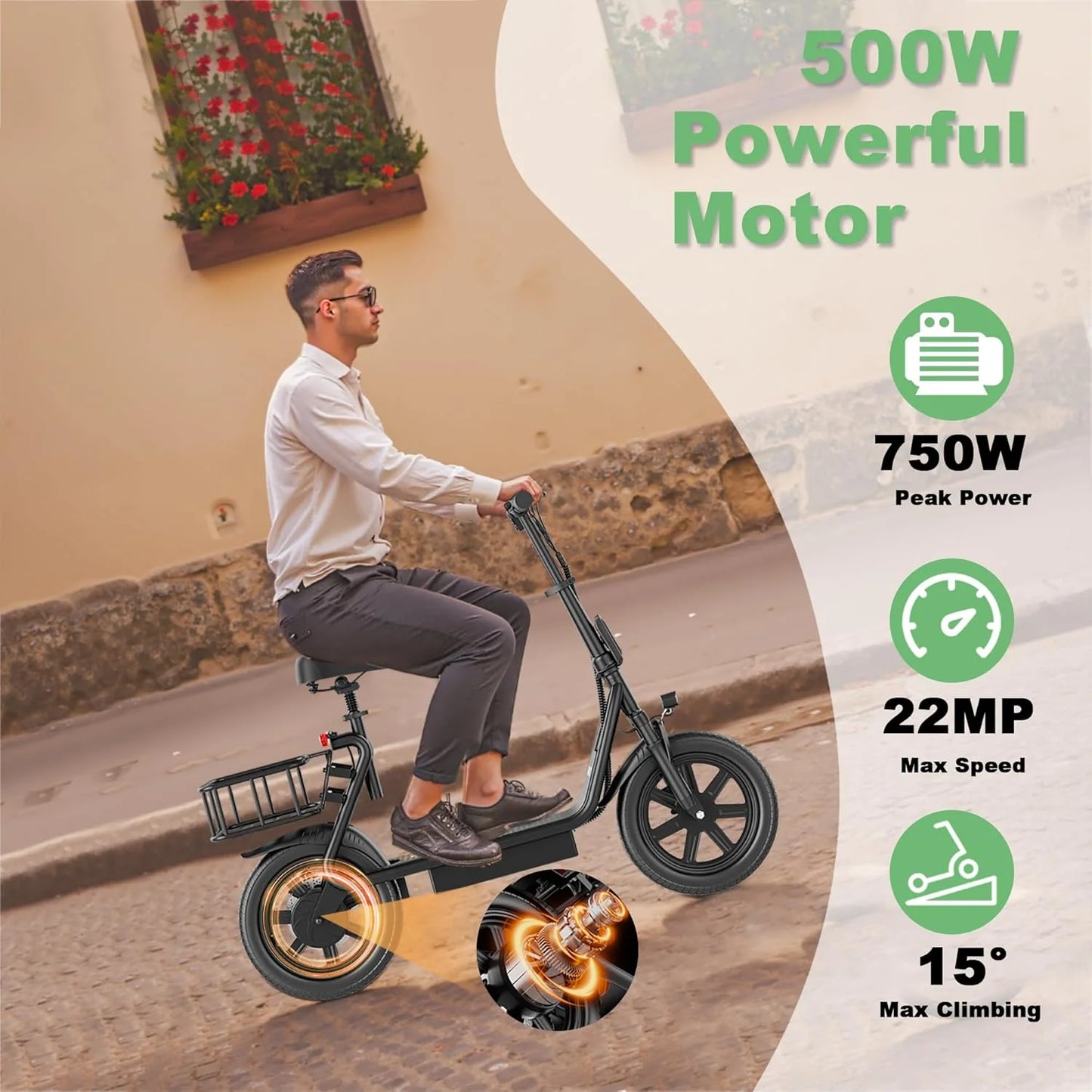 500W Electric Scooter with Seat  Folding Commuter E-Scooter for Adults, 22 MPH Top Speed & Long-Range Battery