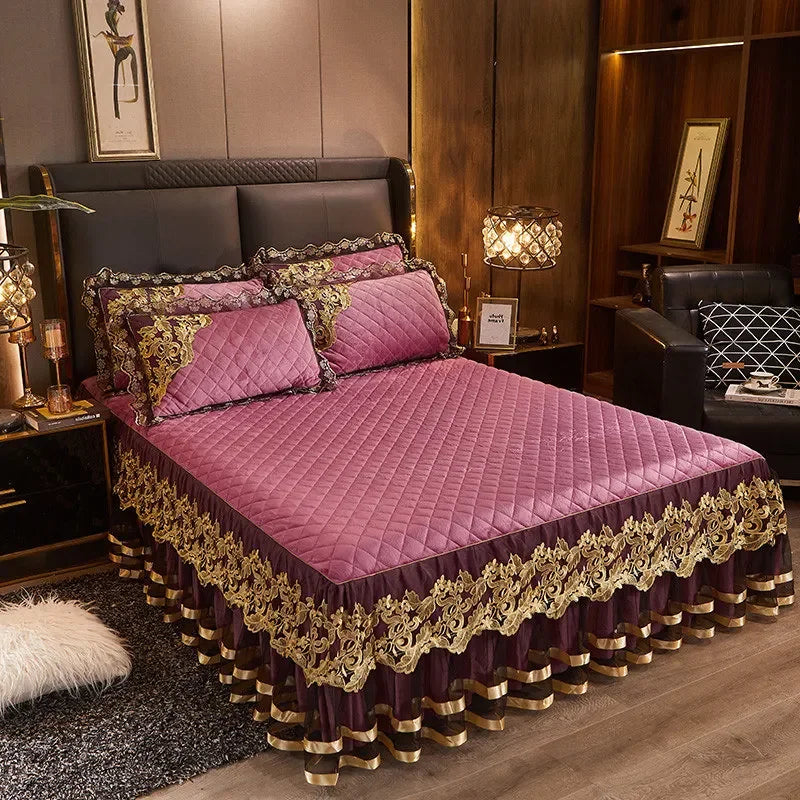 Luxury Gold Embroidered Velvet Quilted Bedspread Set