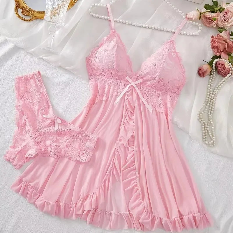 Women's Floral Lace Baby doll Lingerie Set. Sheer Nightdress with Matching Panties