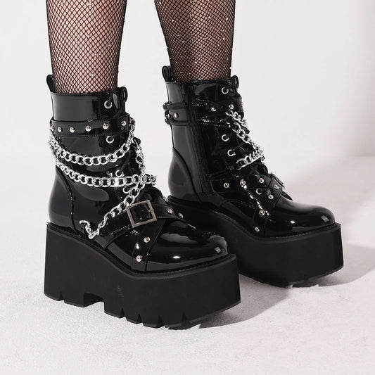 Gothic Y2k Women'S Ankle Boots Platform Chunky High Heels Rivet Metal Chain Decor Thick Sole Motorcycle Short Boots For Women Fa