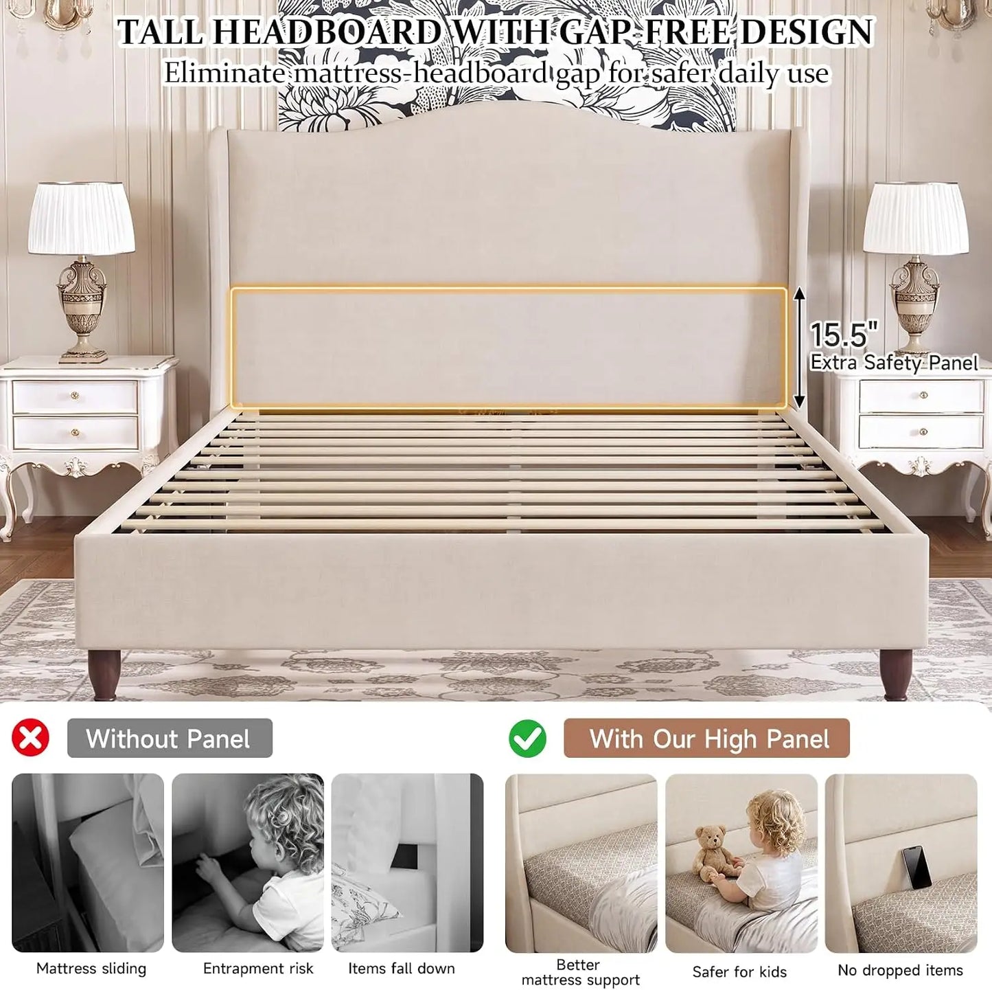 Upholstered Platform Bed with Tall Padded Headboard