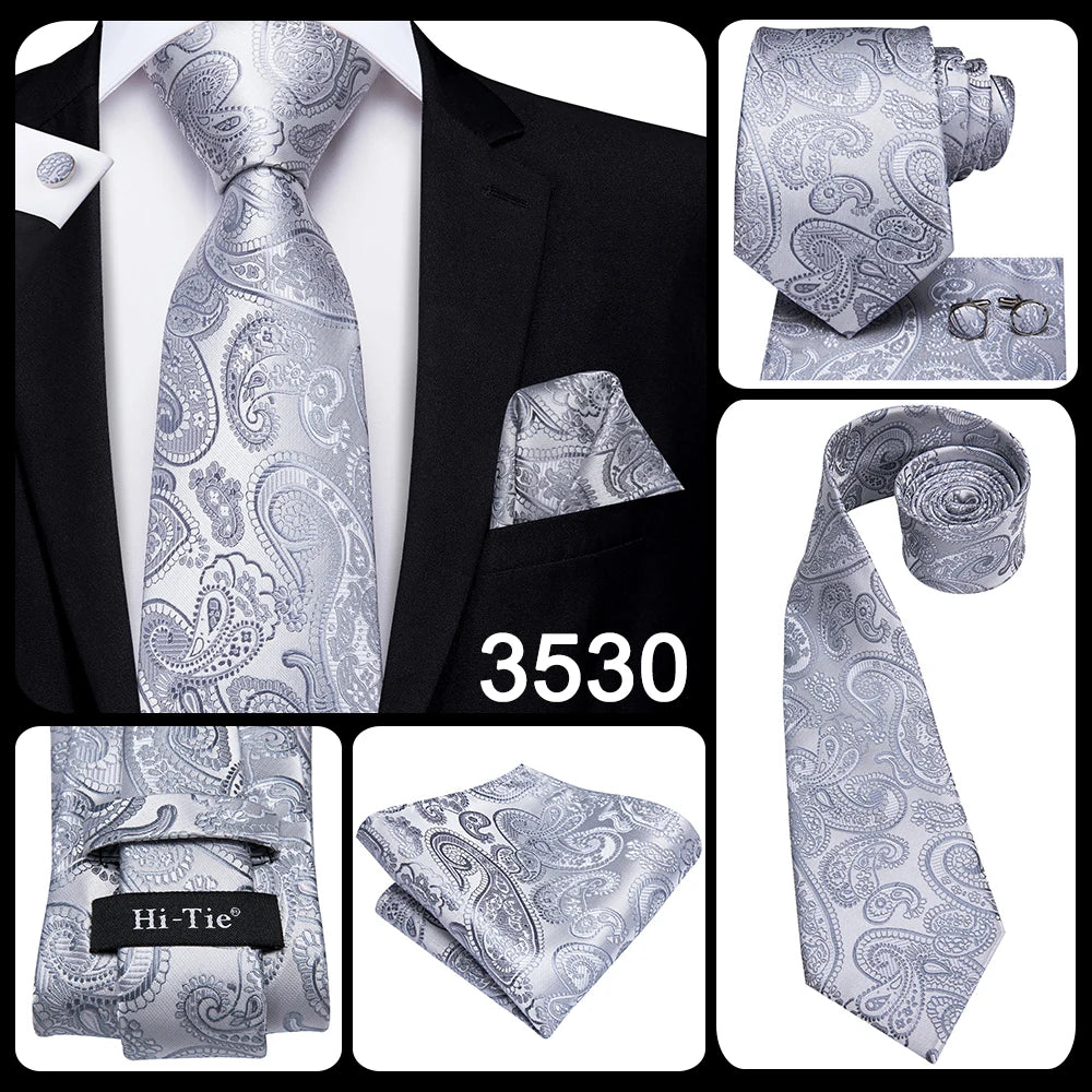 Hi-Tie Luxury Silver Men’s Necktie Set with Pocket Square & Cufflinks | Wedding, Business & Formal Events