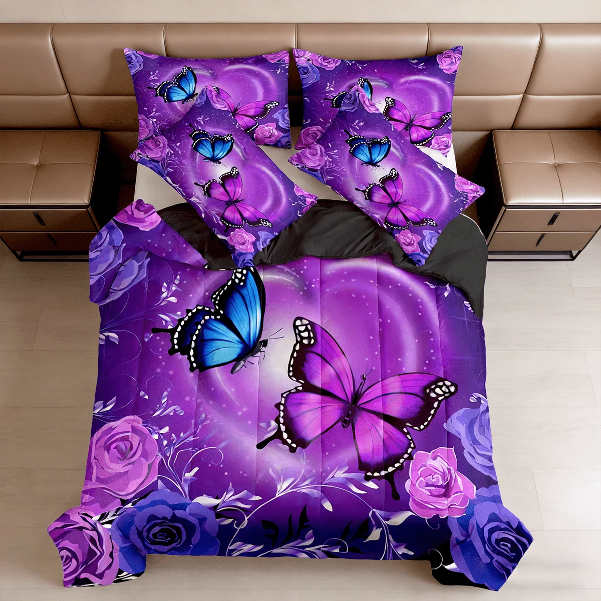 Purple Butterfly Floral Comforter Bedding Set