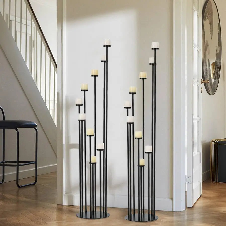 10-Piece Black Tall Floor Candle Holder Set. Elegant Metal Candelabra Stands for Weddings, Parties & Home Décor