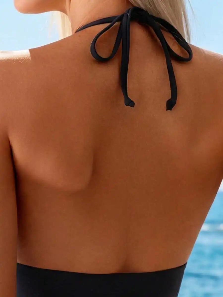 Women’s V-Neck Mesh Cutout One-Piece Swimsuit | Tummy Control Halter Bathing Suit