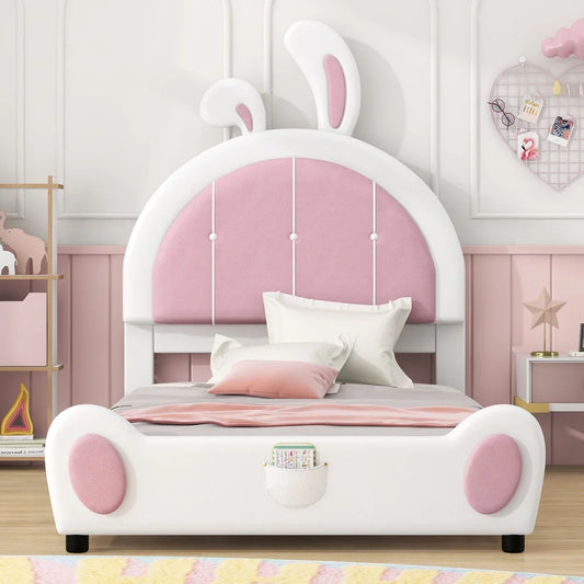 Upholstered Twin Platform Bed with Bunny Headboard Low Profile Kids Bed Easy Assembly Solid Wood Fun Design
